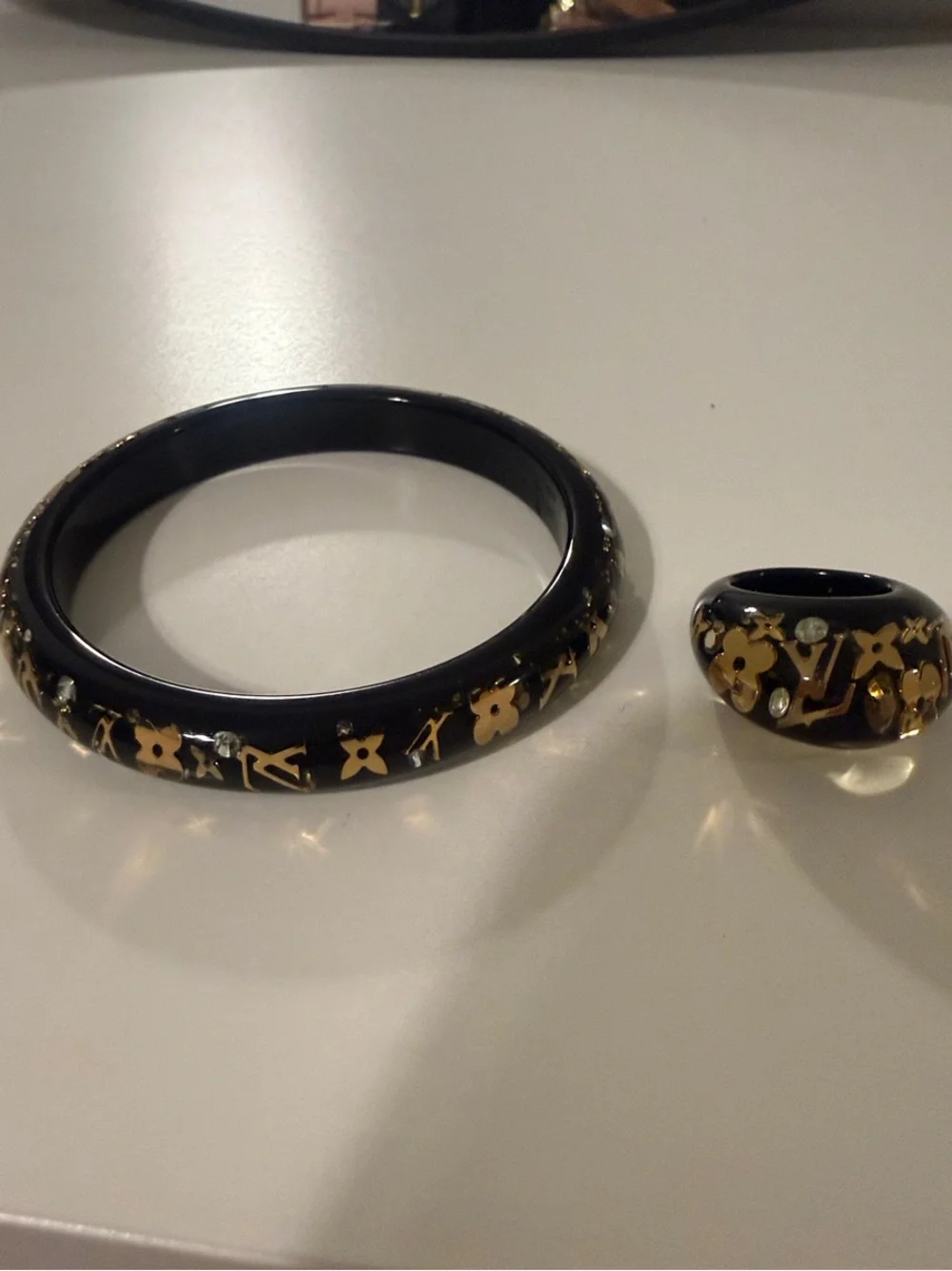 Louis Vuitton Acrylic Bangle bracelet & Ring set w Gold Floral & Crystals